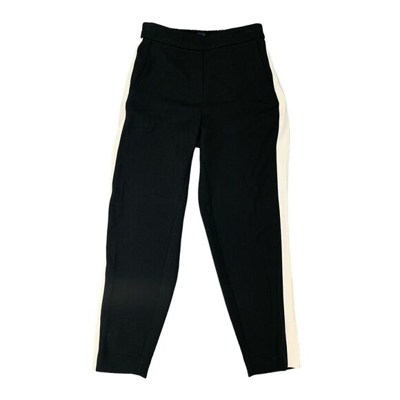 J Crew Pant Womens 2 Black Jamie Tuxedo Stripe Elastic Waist Pull On Ankle - Picture 1 of 13